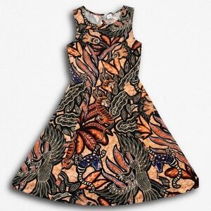 H&M XS Skater Dress Batik Tiger Bird Tropical Print Cut Out Back Sleeveless